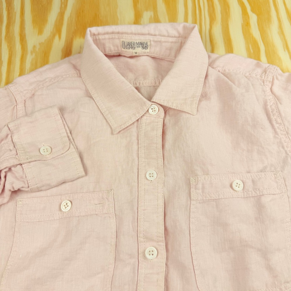 Quaker Marine Supply Pink 100% Linen Button Down Shirt Womens Medium Long Sleeve